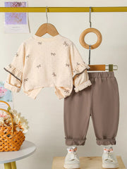 Children's Bowknot Ruffle Sleeve Top and Pants Set 