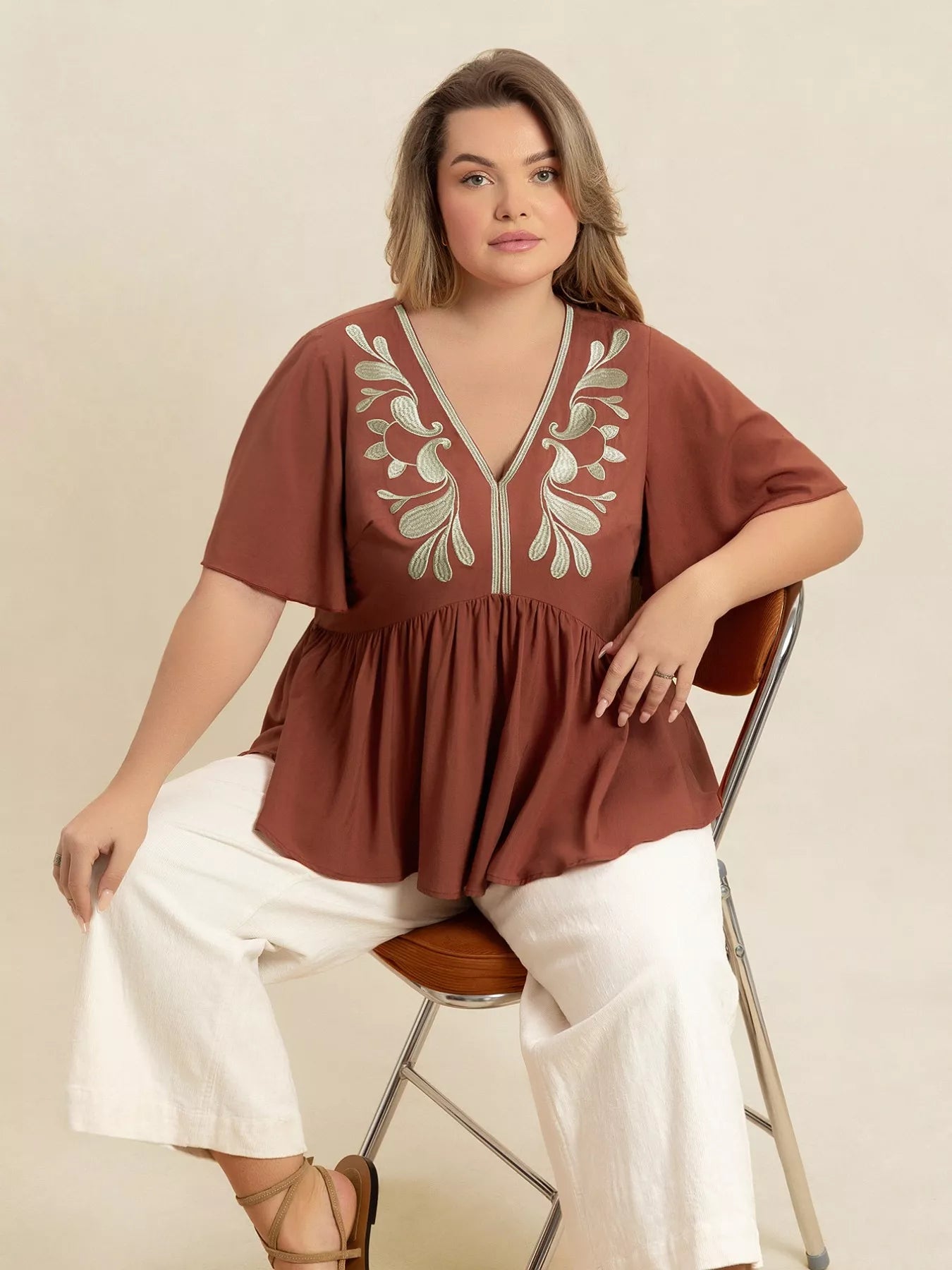 Plus Size Embroidered V-Neck Flutter Sleeve Blouse 