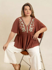 Plus Size Embroidered V-Neck Flutter Sleeve Blouse 