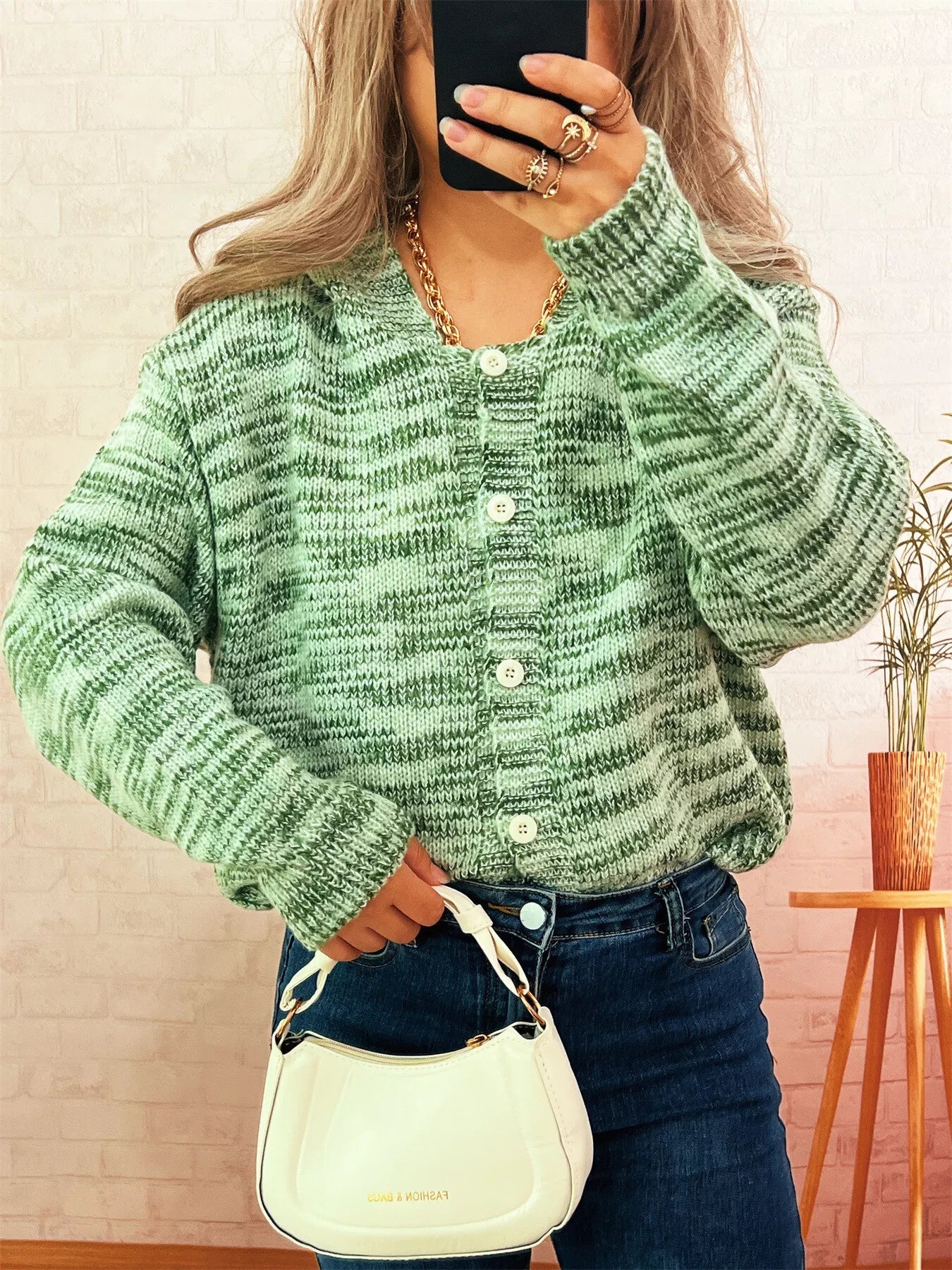 Multi-Colored Knit Button-Down Cardigan 