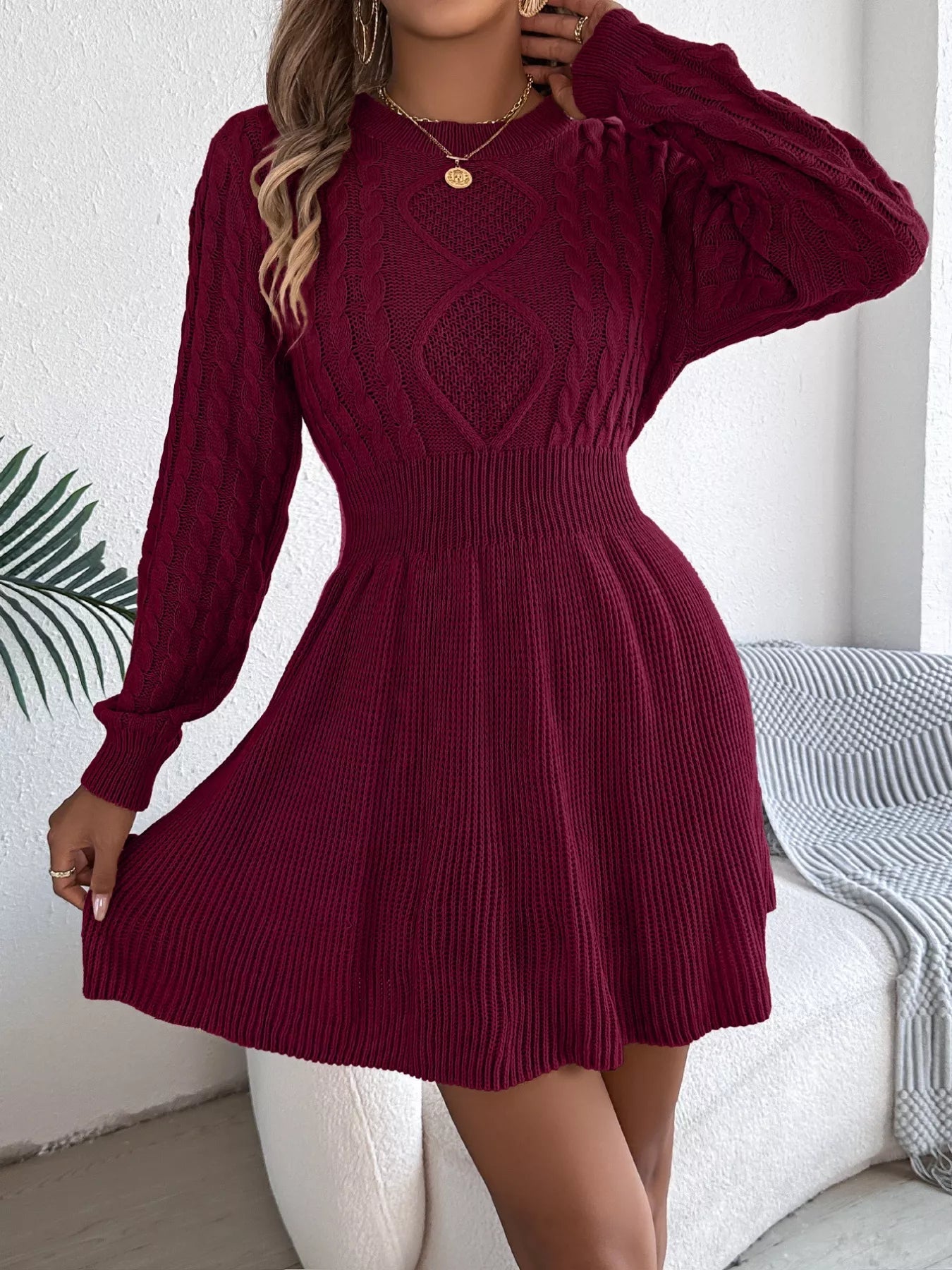 Cable Knit Long Sleeve Sweater Dress 