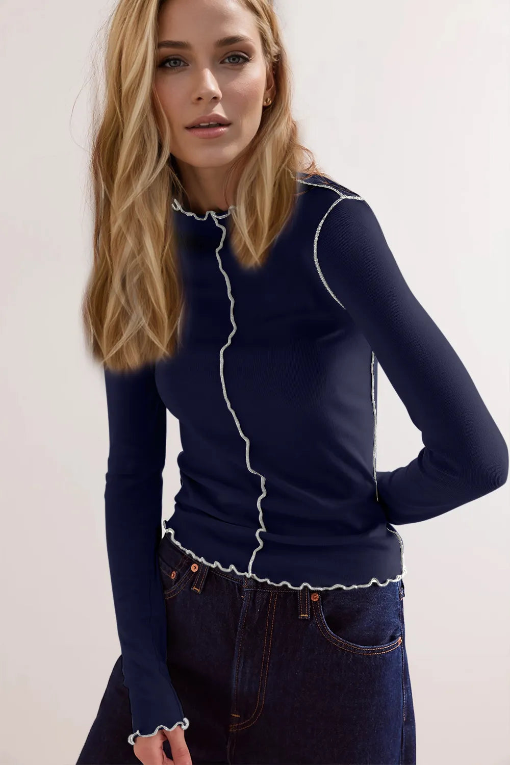 Basic Bae Contrast Trim Mock Neck Long Sleeve T-Shirt 