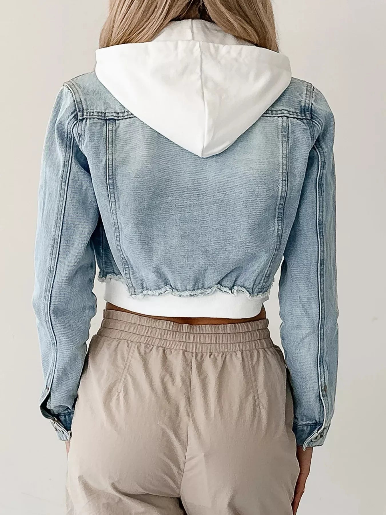 Distressed Zip Up Cropped Hooded Denim Jacket 
