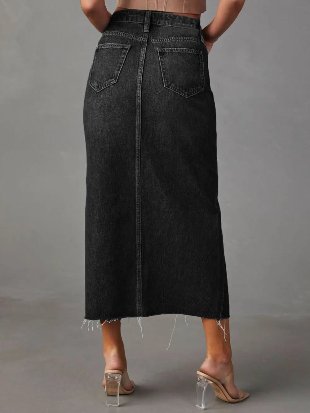 Raw Hem Front Slit Denim Midi Skirt 