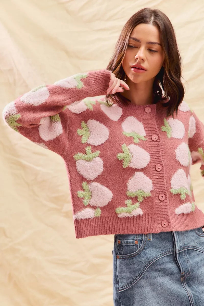 SO ME Strawberry Fruit All Over Button Sweater Cardigan 