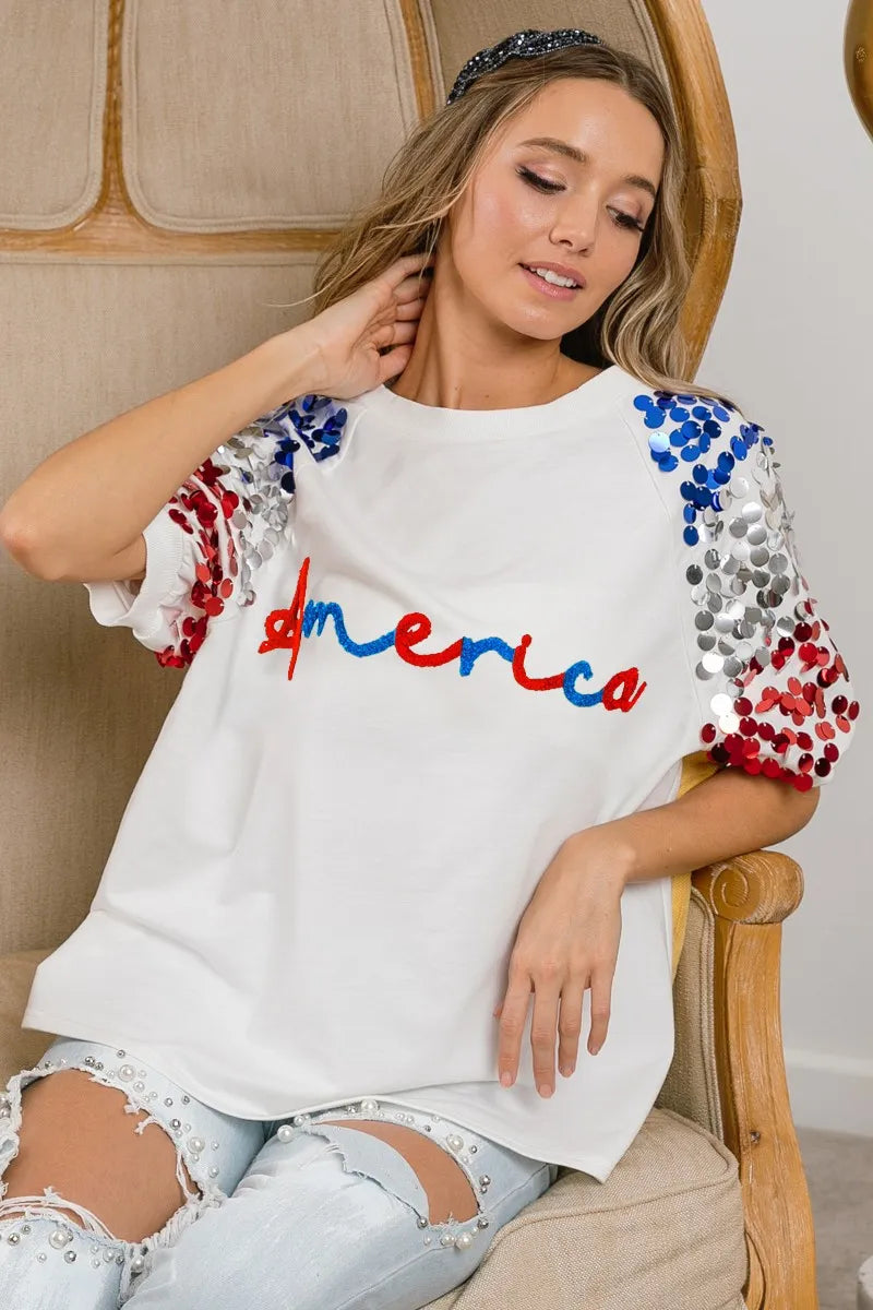 BiBi America Letter Applique Spangle Puff Sleeves Top 