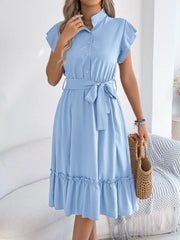 Tie Waist Ruffled Cap Sleeve Dress 