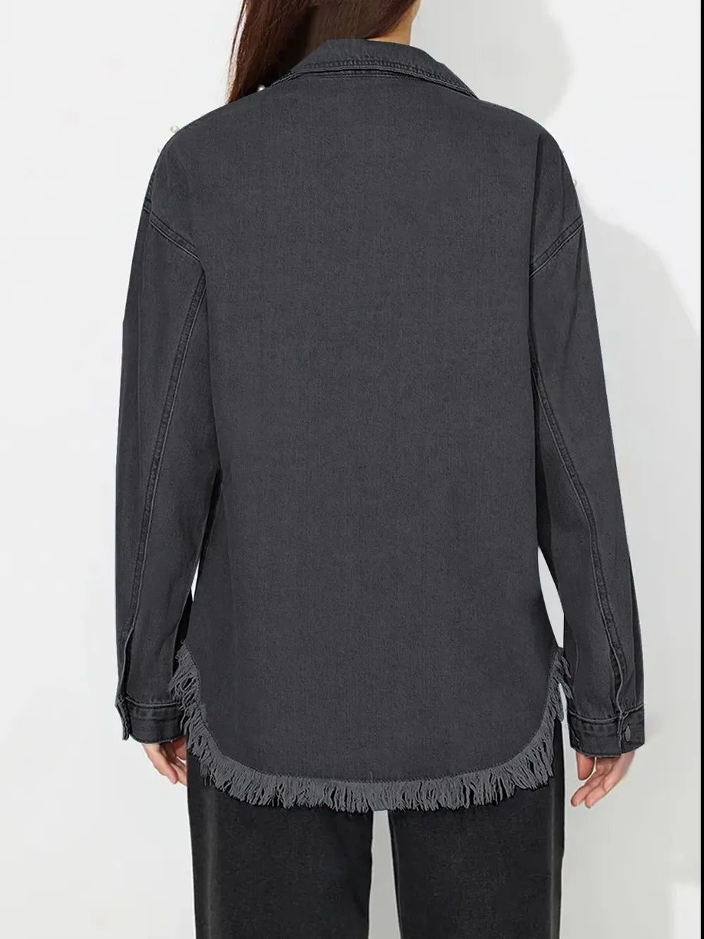Raw Hem Pearl Trim Collared Neck Denim Top 