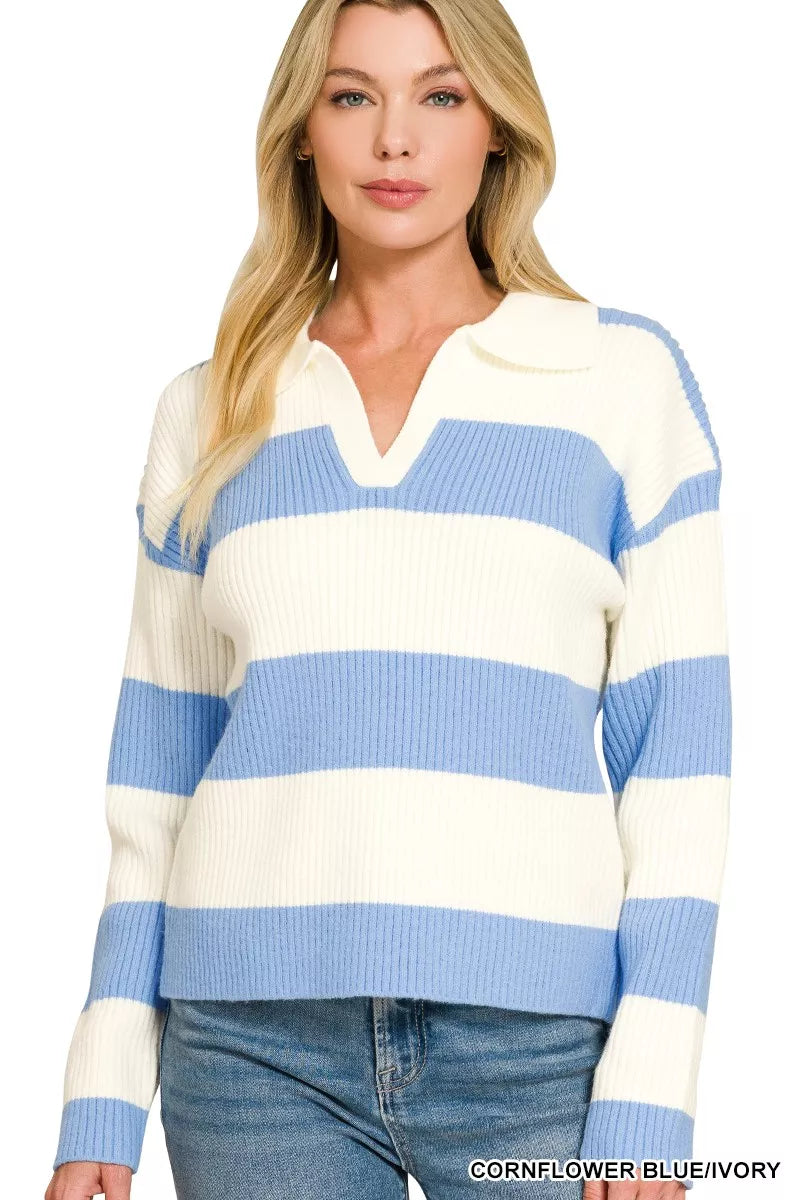 Zenana Striped Collared Sweater 