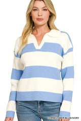 Zenana Striped Collared Sweater 