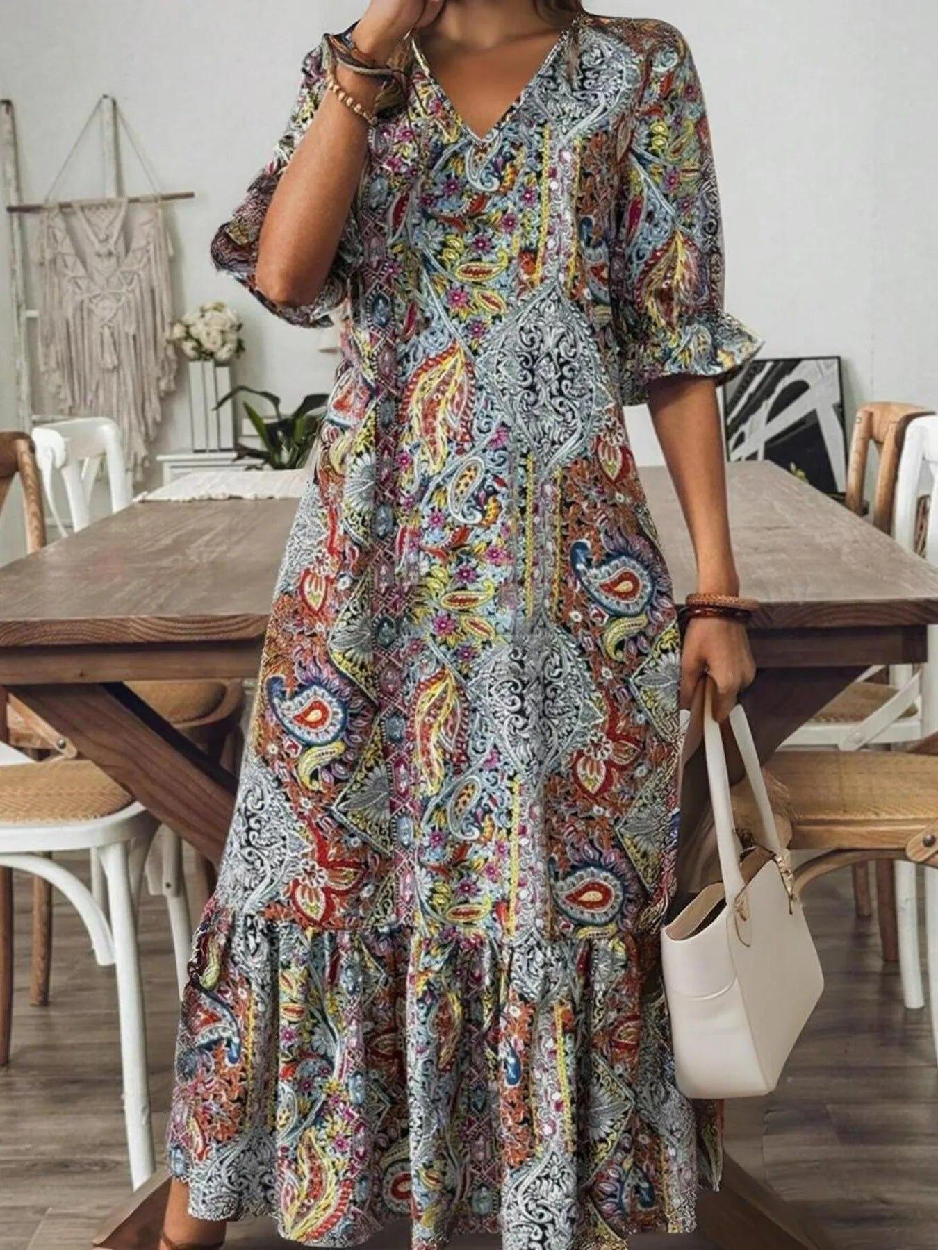 Full Size Bohemian Paisley Print V-Neck Midi Dress Plus Size 