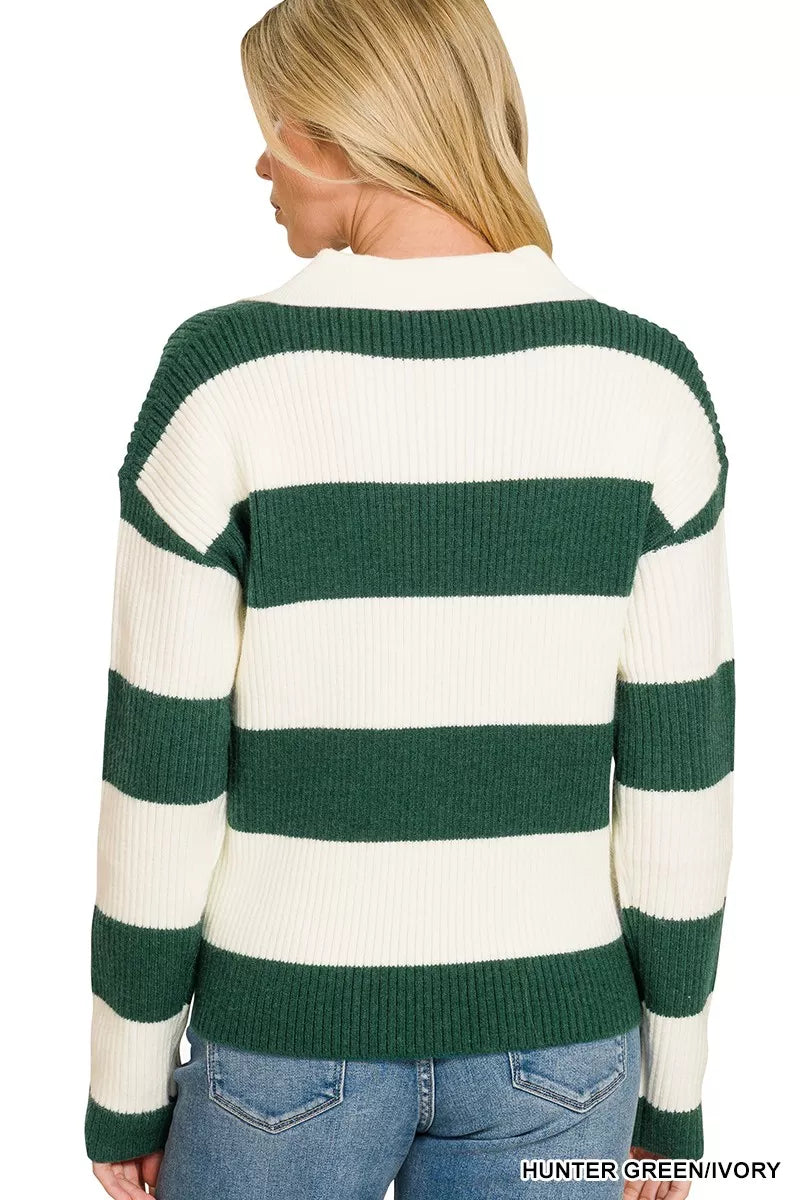 Zenana Striped Collared Sweater 