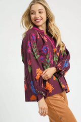 Umgee Floral Print Flounce Sleeve Blouse 