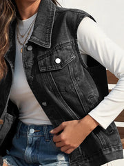 Collared Neck Sleeveless Denim Jacket 