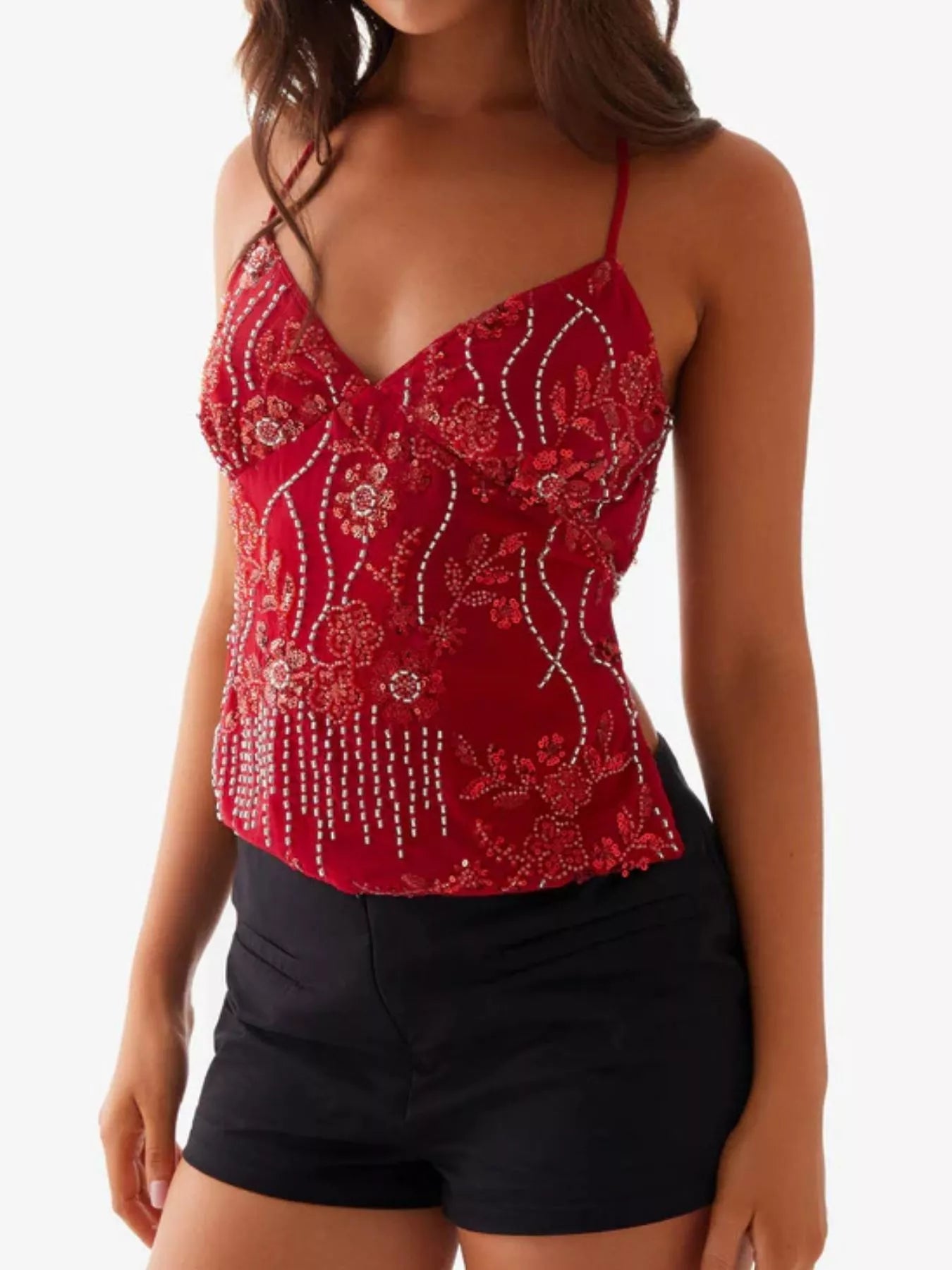 Floral Lace Up Back V-Neck Cami 