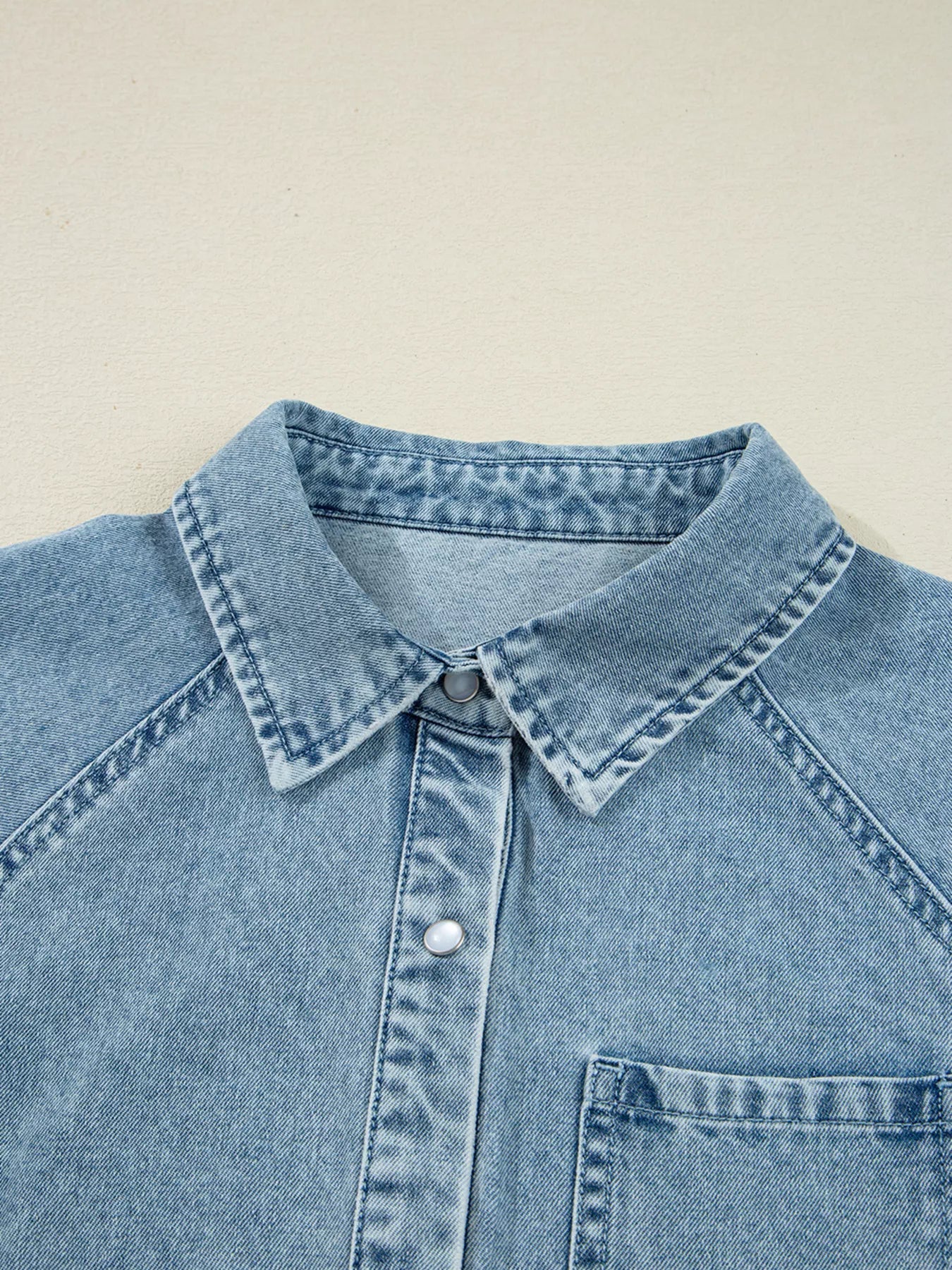 Smocked Cuffs Flared Denim Shirt Mini Dress 