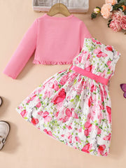 Children's Butterfly Print Sleeveless Dress with Cardigan Set 