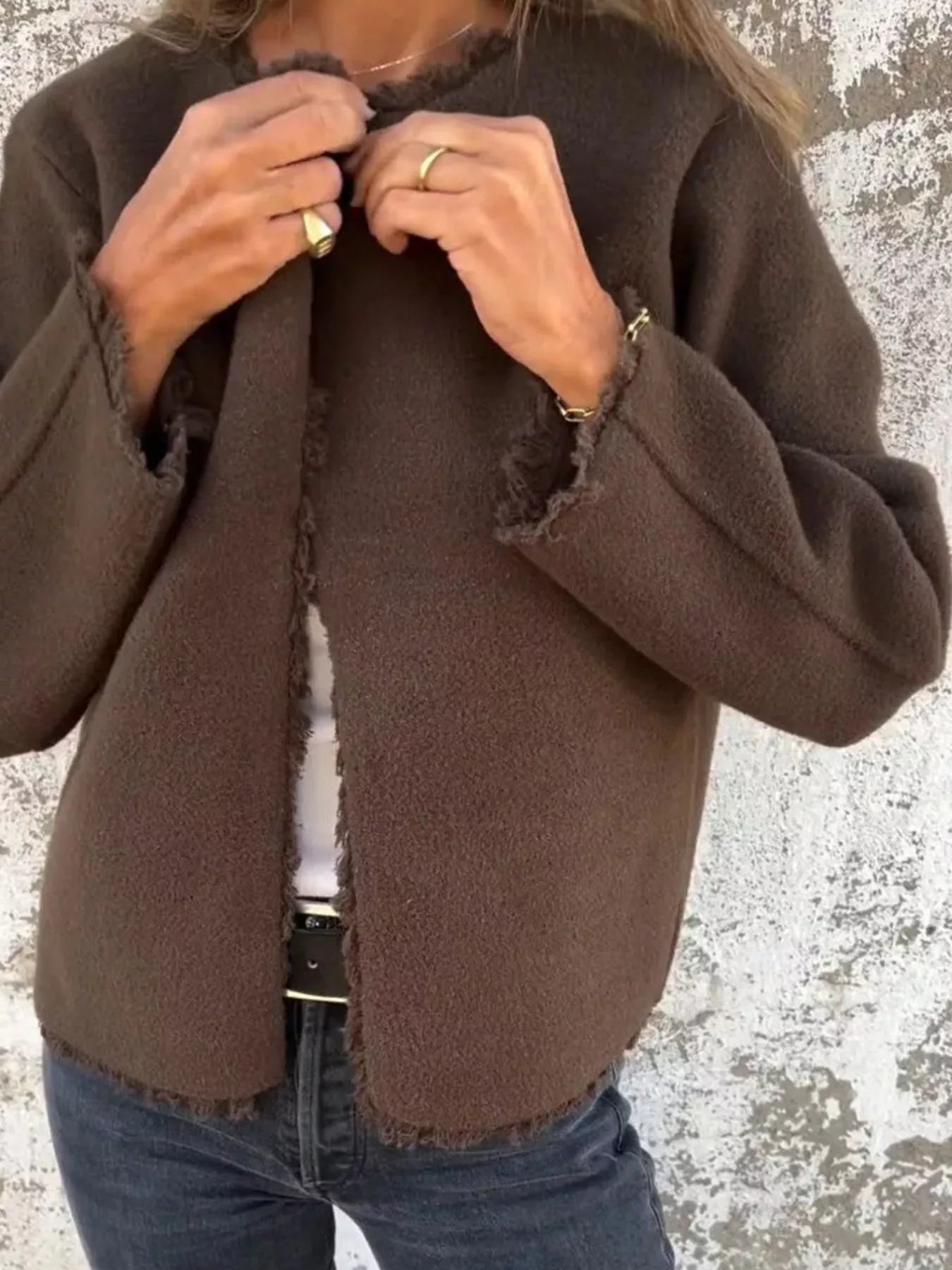 Full Size One Button Frayed Edge Cardigan Plus Size 