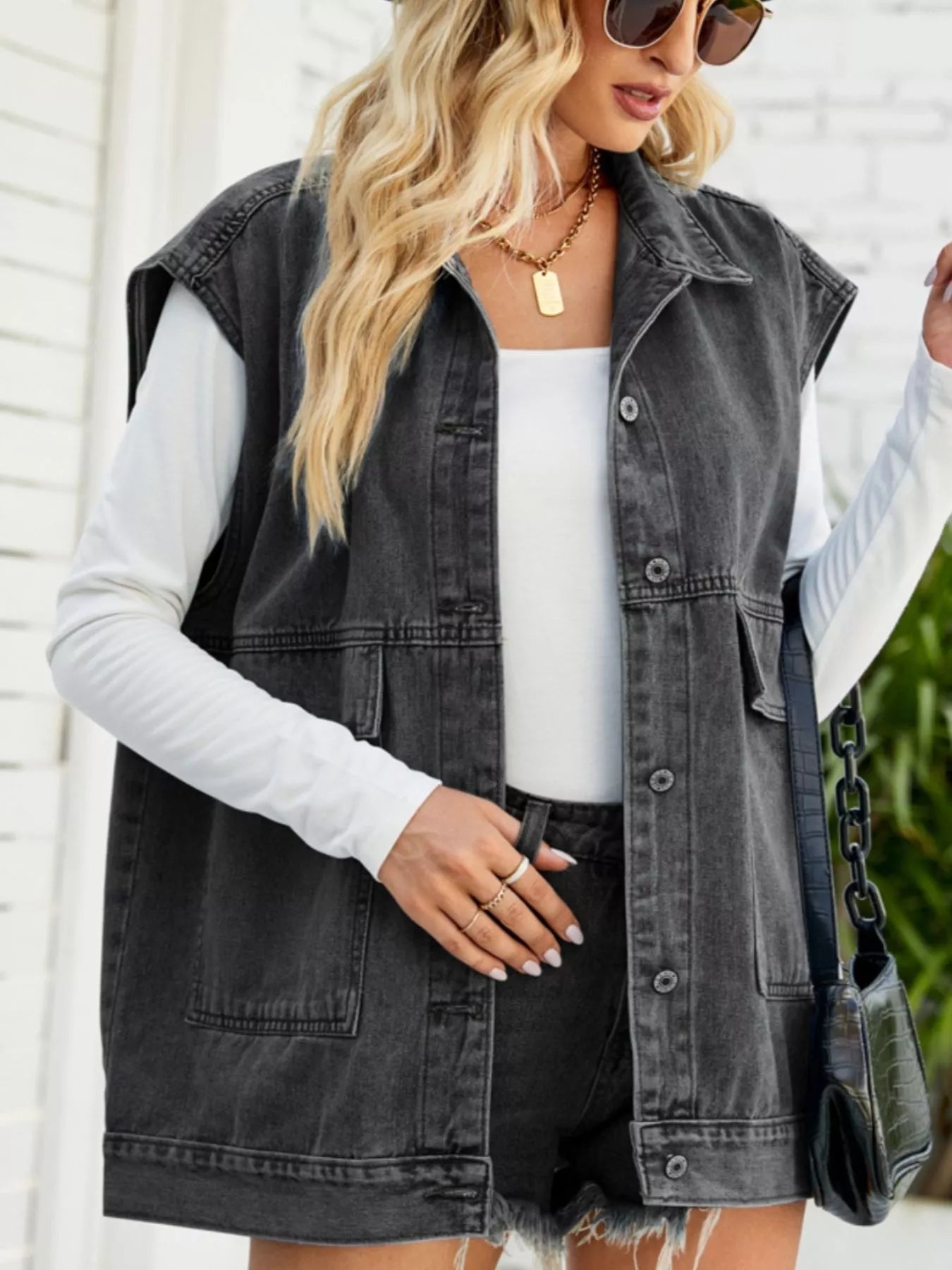 Sleeveless Button-Down Denim Jacket 