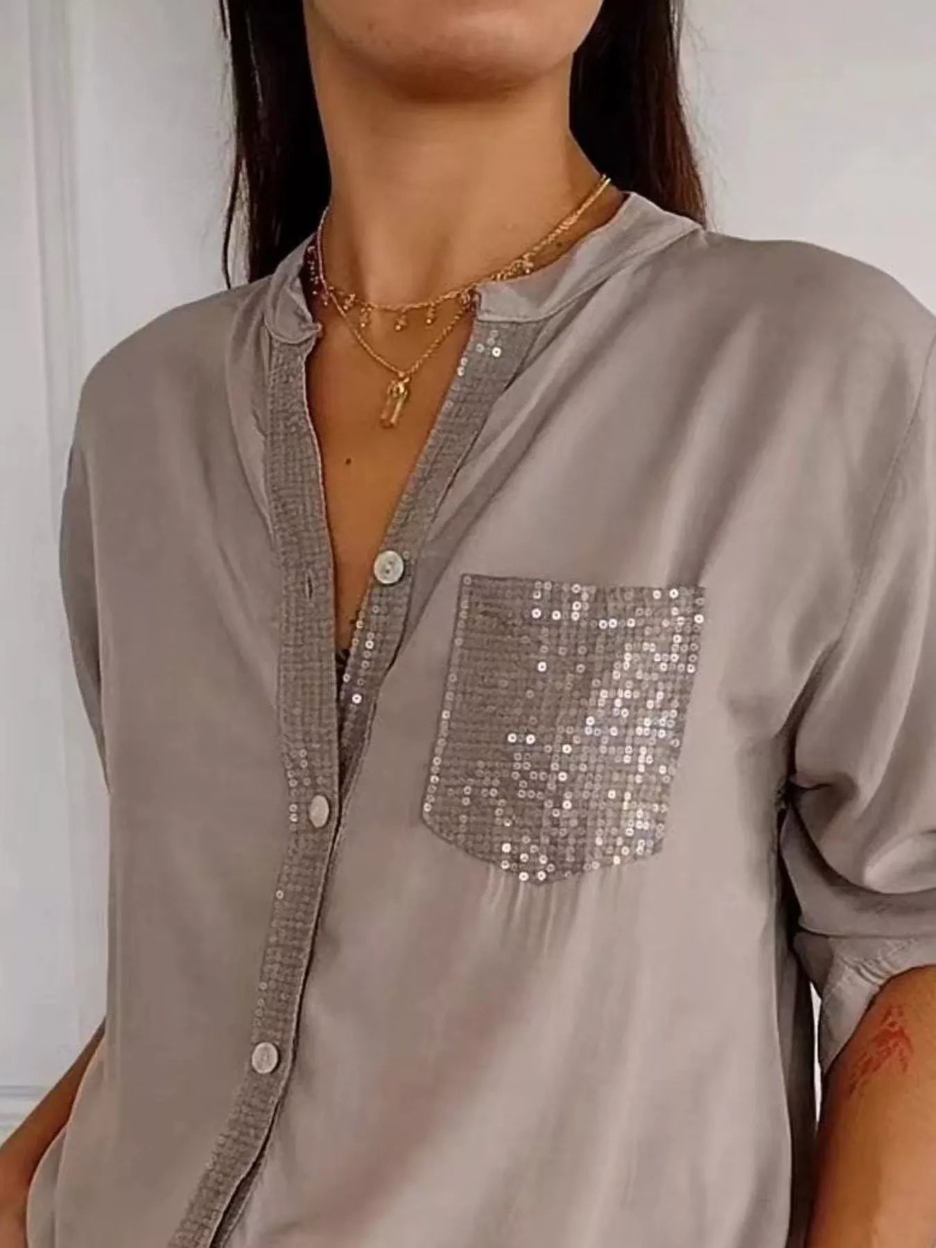 Full Size Sequin Detail Button-Down Shirt Plus Size 