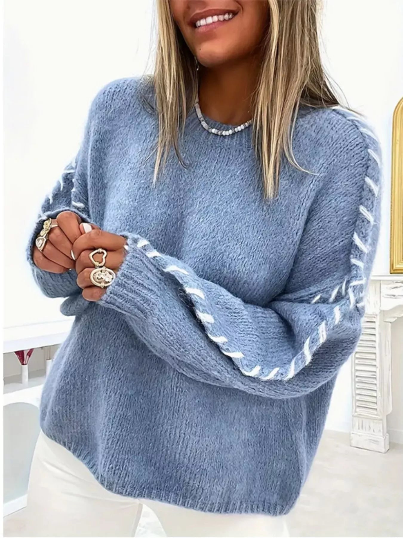 Contrast Stitching Dropped Shoulder Sweater 