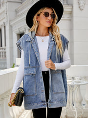 Hooded Sleeveless Denim Top with Pockets 
