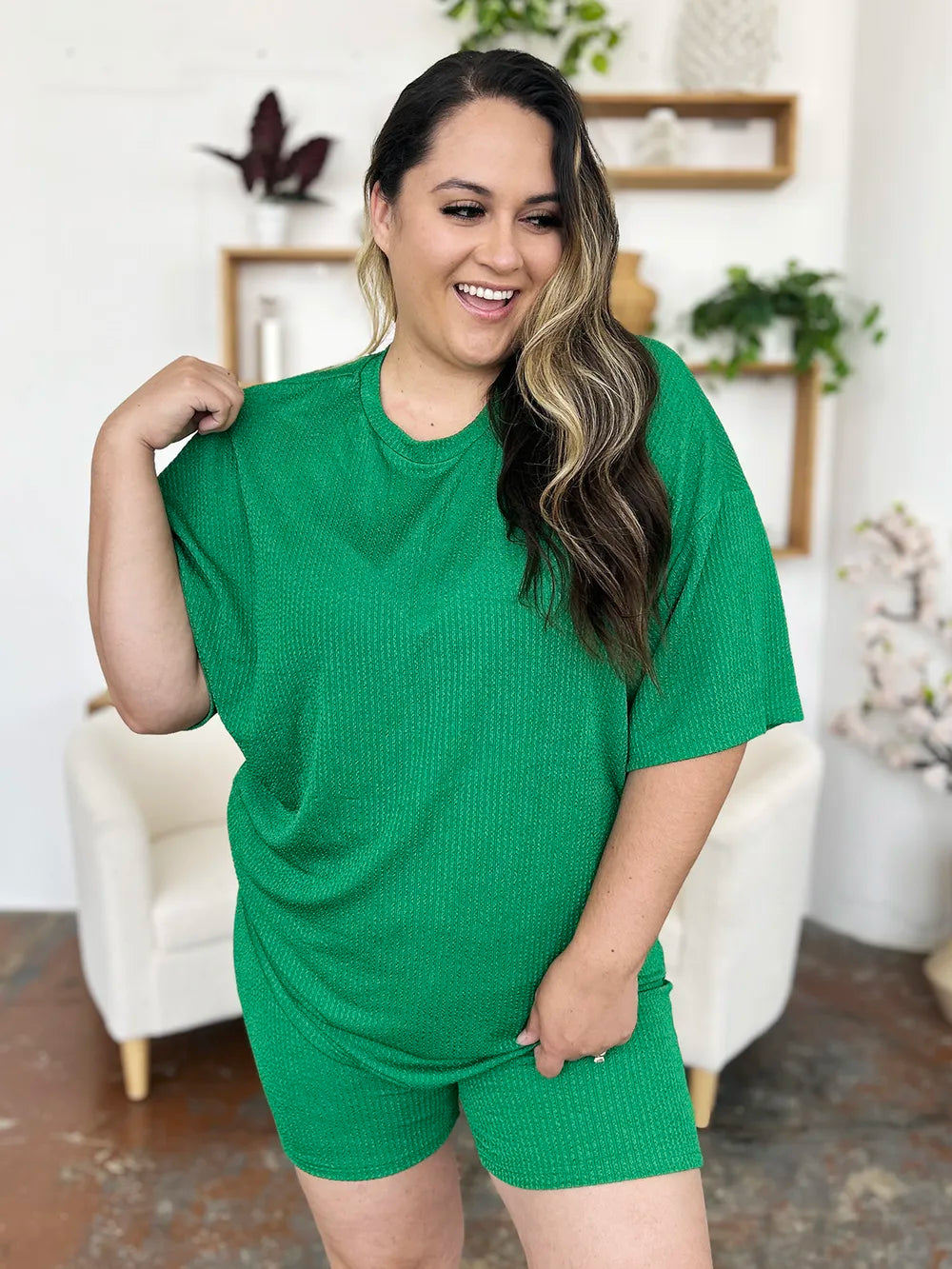Double Take Full Size Texture Round Neck Drop Shoulder T-Shirt and Shorts Set 