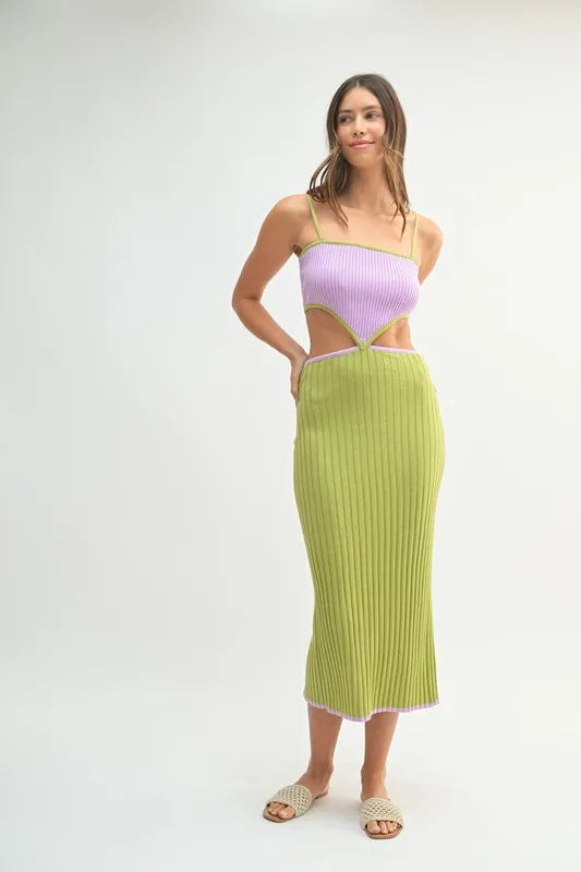 MABLE Ribbed Knit Color Block Cutout Midi Dress 