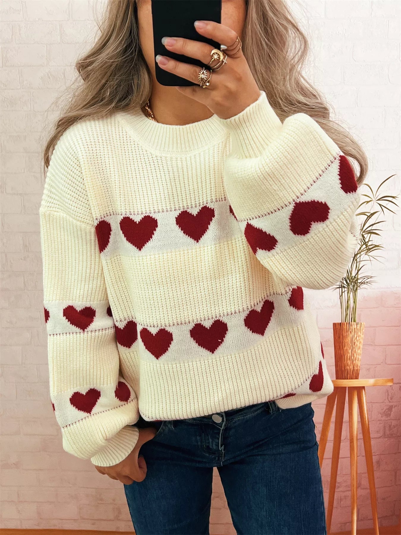 Heart Pattern Dropped Shoulder Sweater 