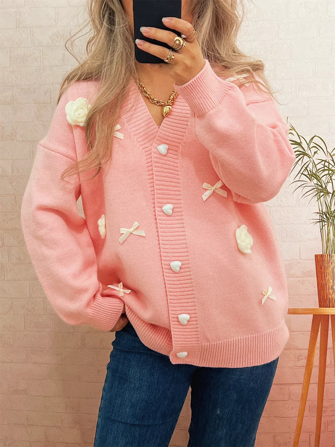Flower Heart Button Long Sleeve Cardigan 