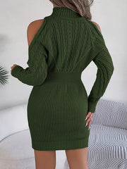 Cold Shoulder Cable Knit Turtleneck Sweater Dress 