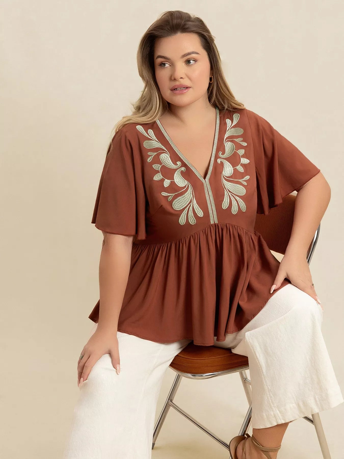 Plus Size Embroidered V-Neck Flutter Sleeve Blouse 