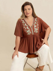 Plus Size Embroidered V-Neck Flutter Sleeve Blouse 