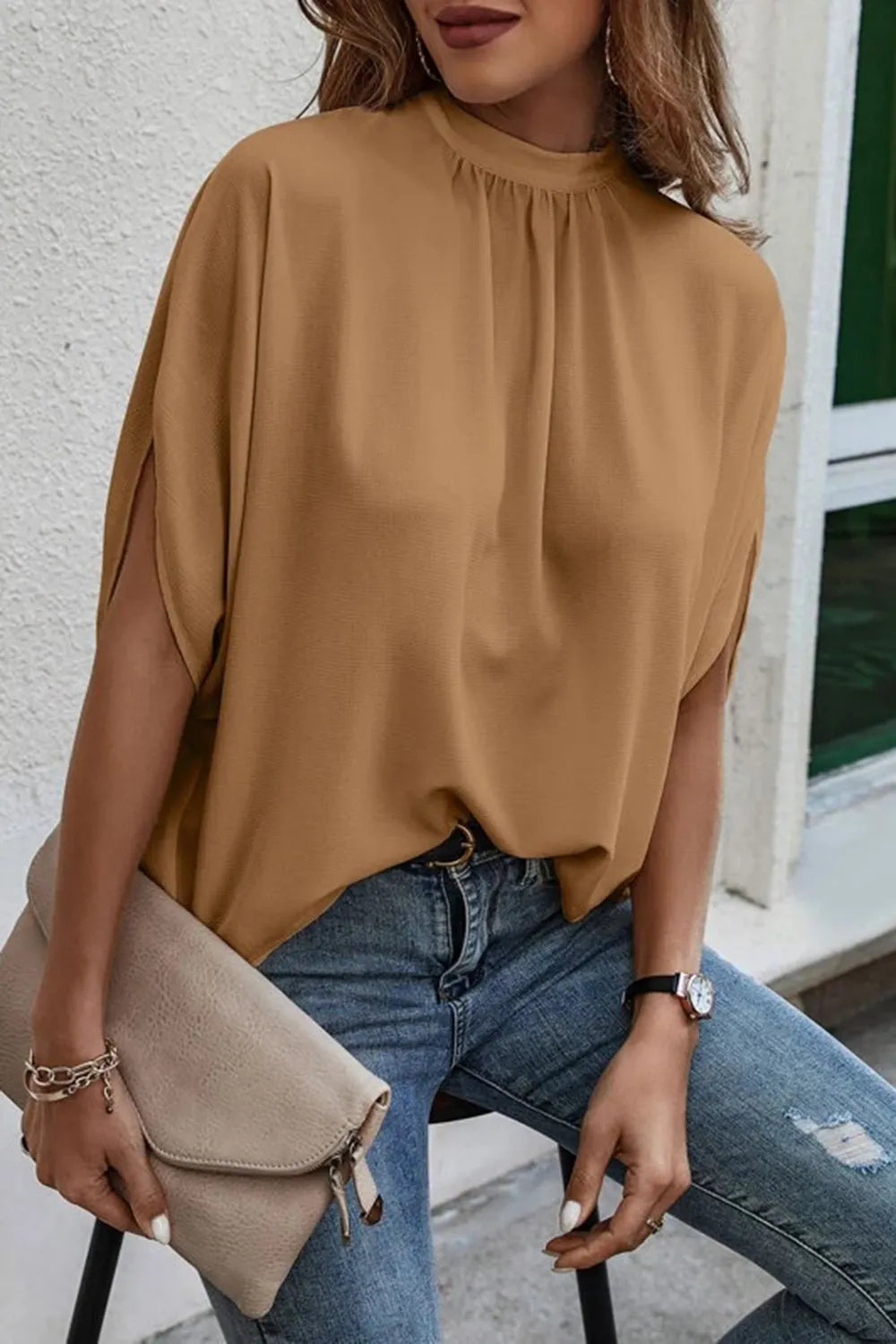 Tie Back Slit Half Sleeve Blouse 