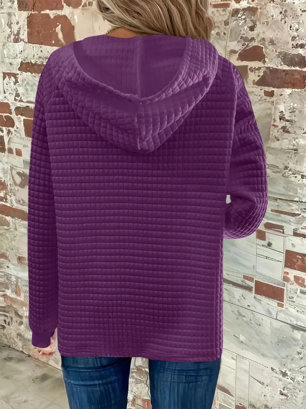 Full Size Texture Button Detail Drawstring Long Sleeve Hoodie 