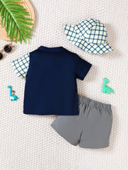 Children's Hat Dinosaur Plaid Button Up Top and Shorts 3-Piece Set 