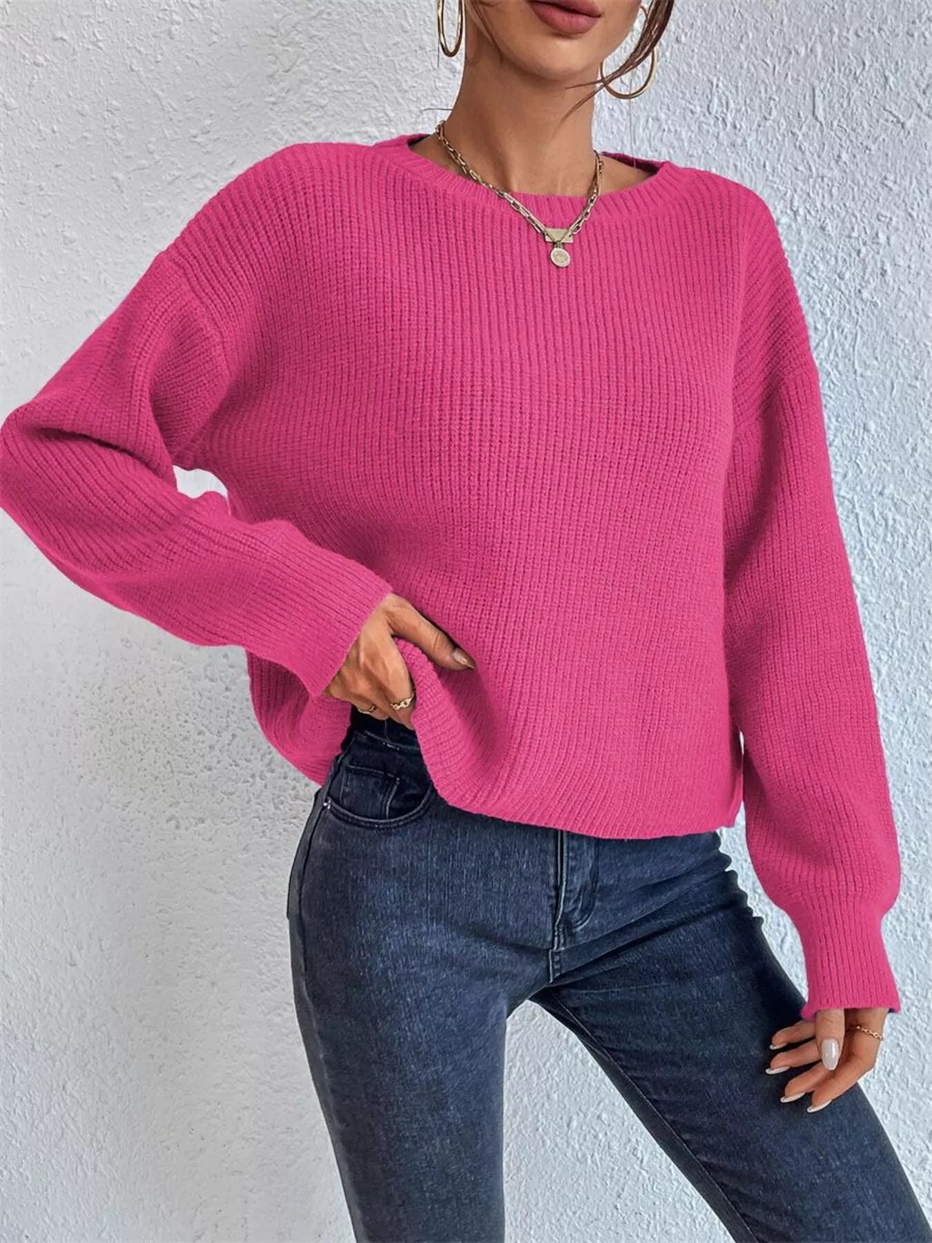 Ribbed Knit Dropped Shoulder Sweater 