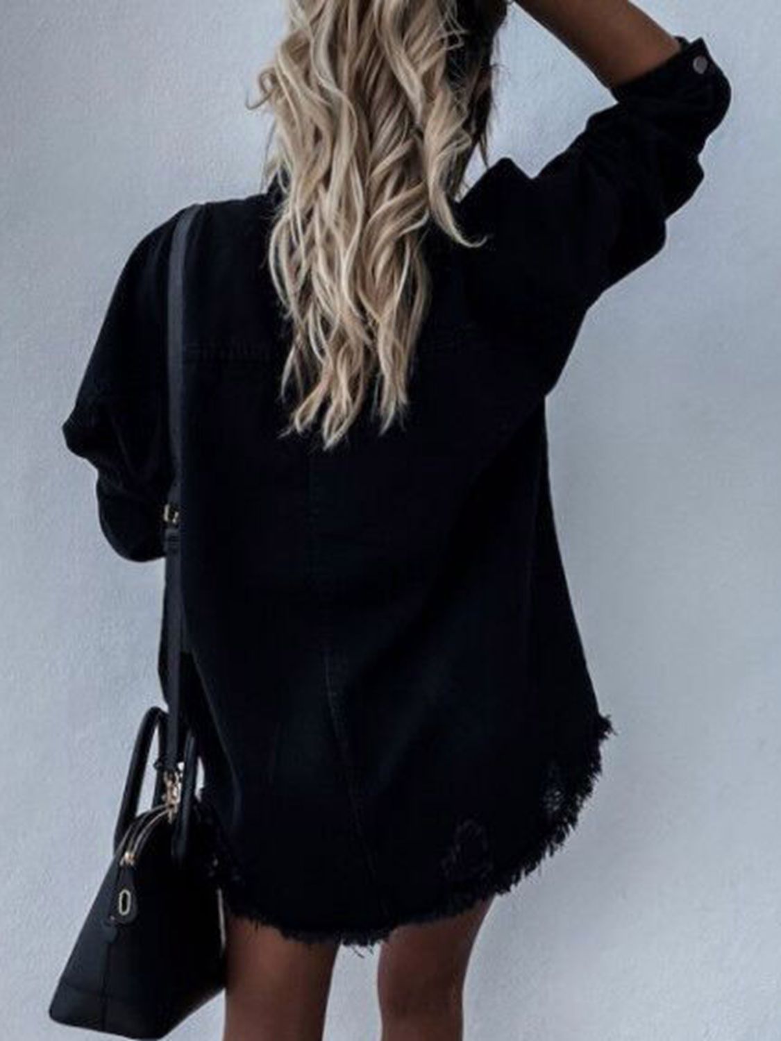 Raw Hem Collared Neck Long Sleeve Denim Jacket 