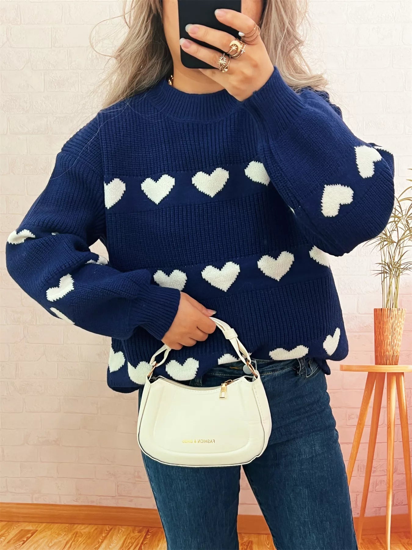 Heart Pattern Dropped Shoulder Sweater 