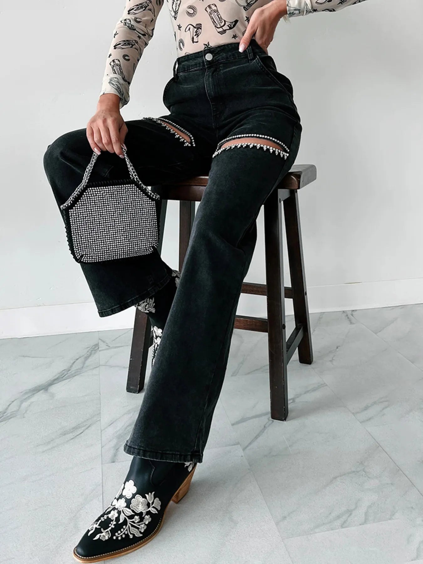 Ripped Wide Leg Wash Denim Jeans 