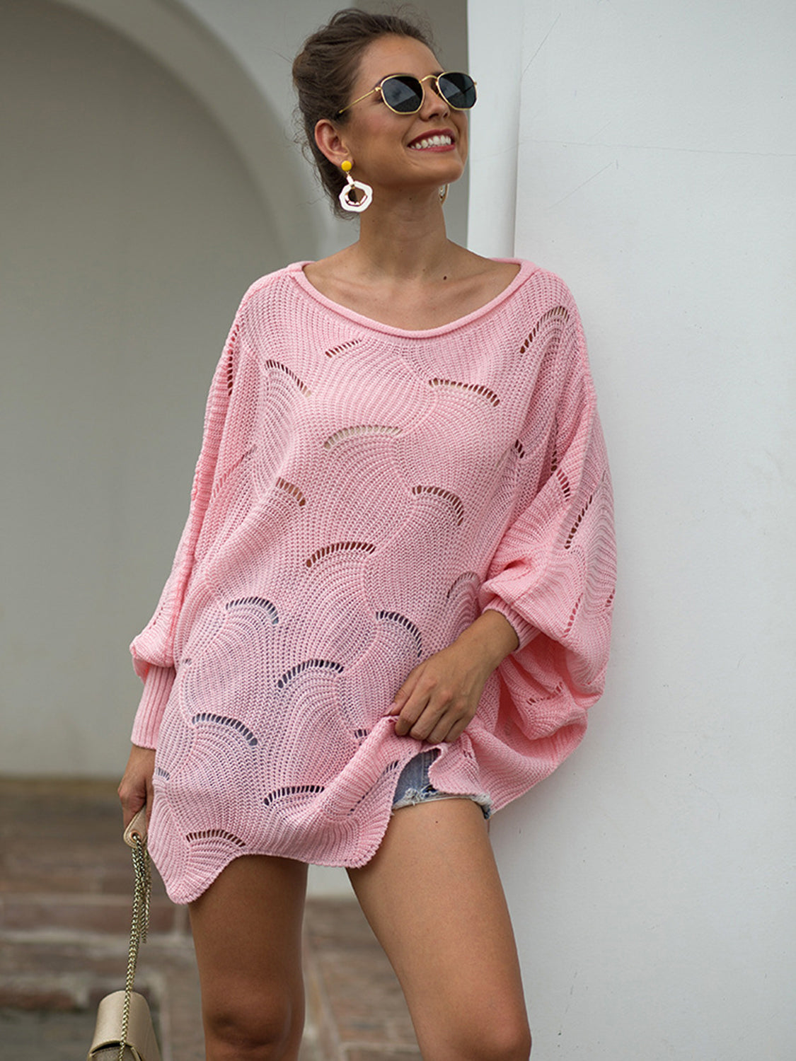 Full Size Boat Neck Lantern Sleeve Openwork Knit Top 