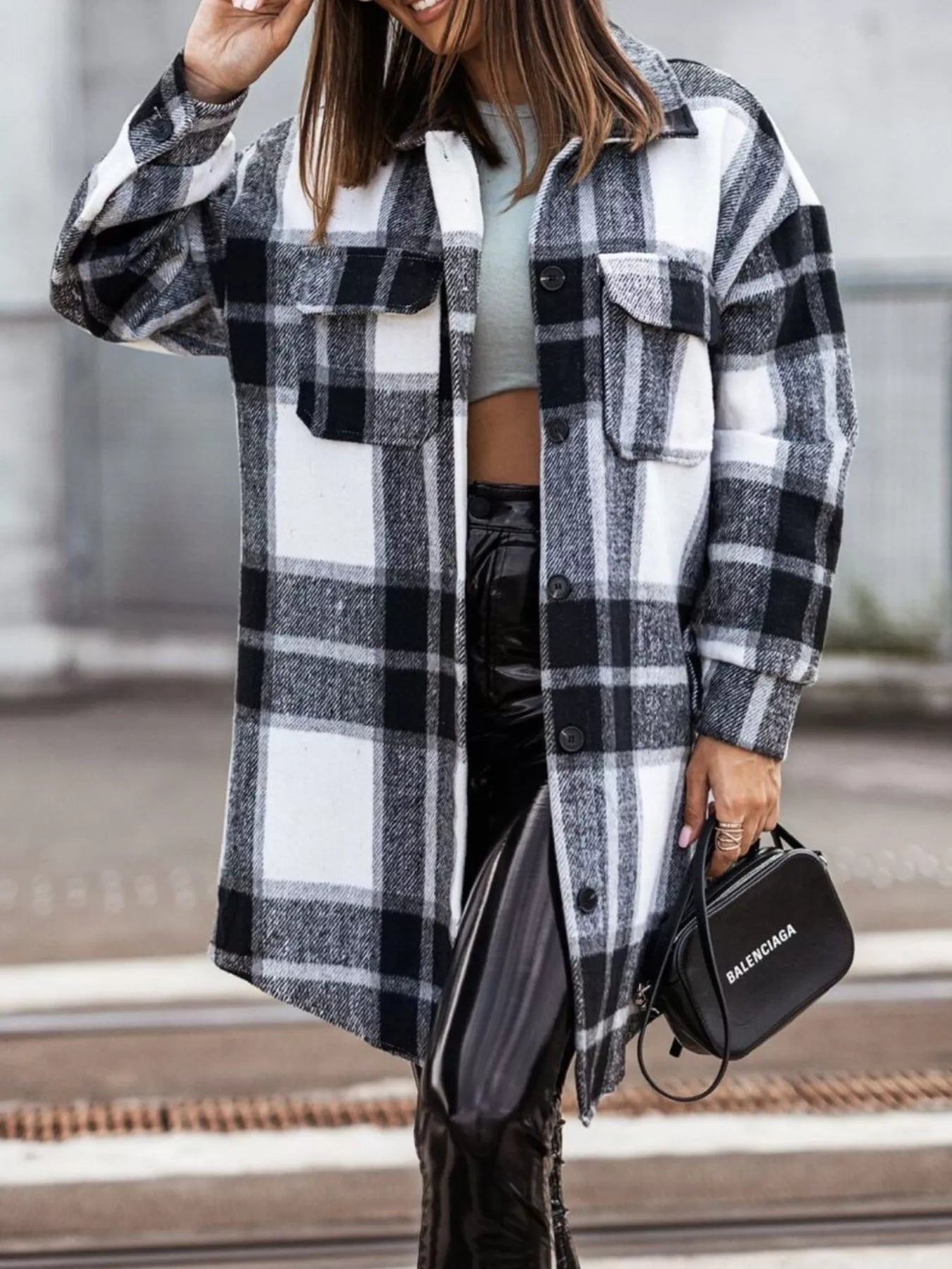 Button Down Collared Neck Plaid Flannel Shacket 