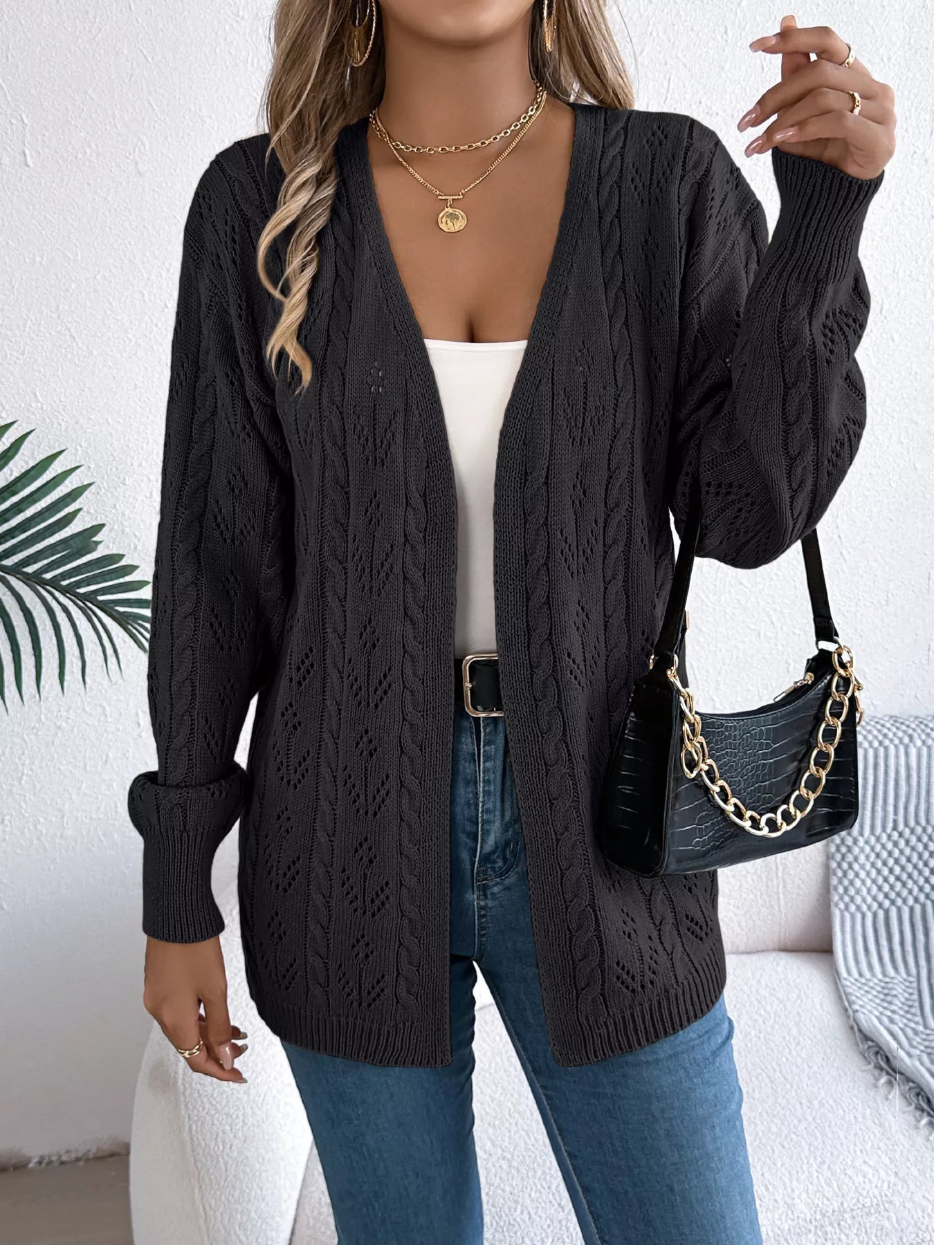 Openwork Open Front Long Sleeve Cardigan 