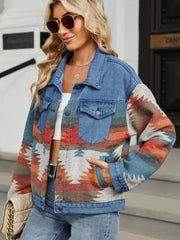 Geometric Button Up Long Sleeve Denim Jacket 