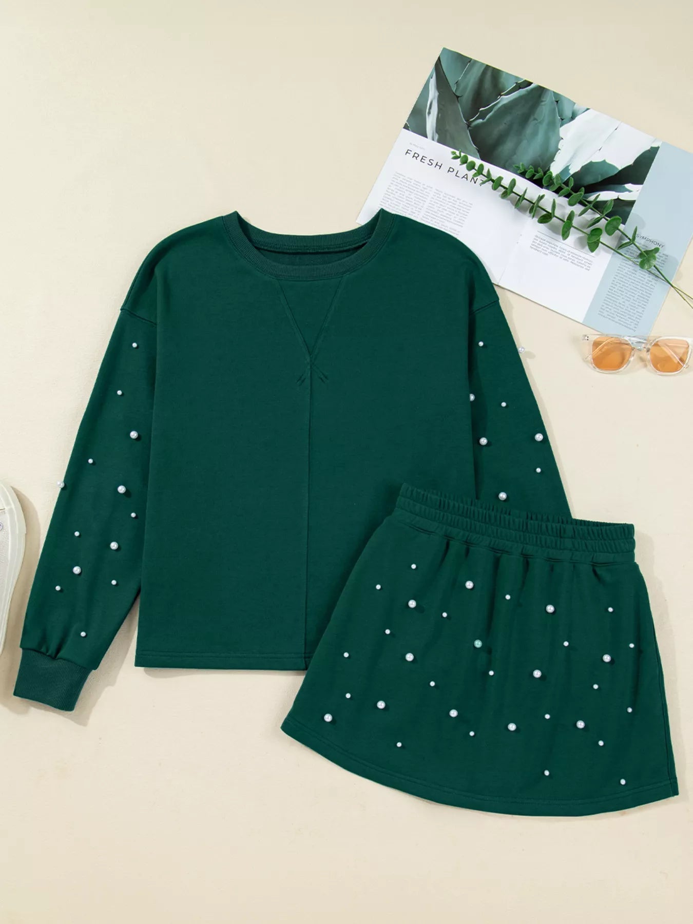 Pearl Embellished Drop Shoulder Pullover Elastic Waist Mini Skirt Set 
