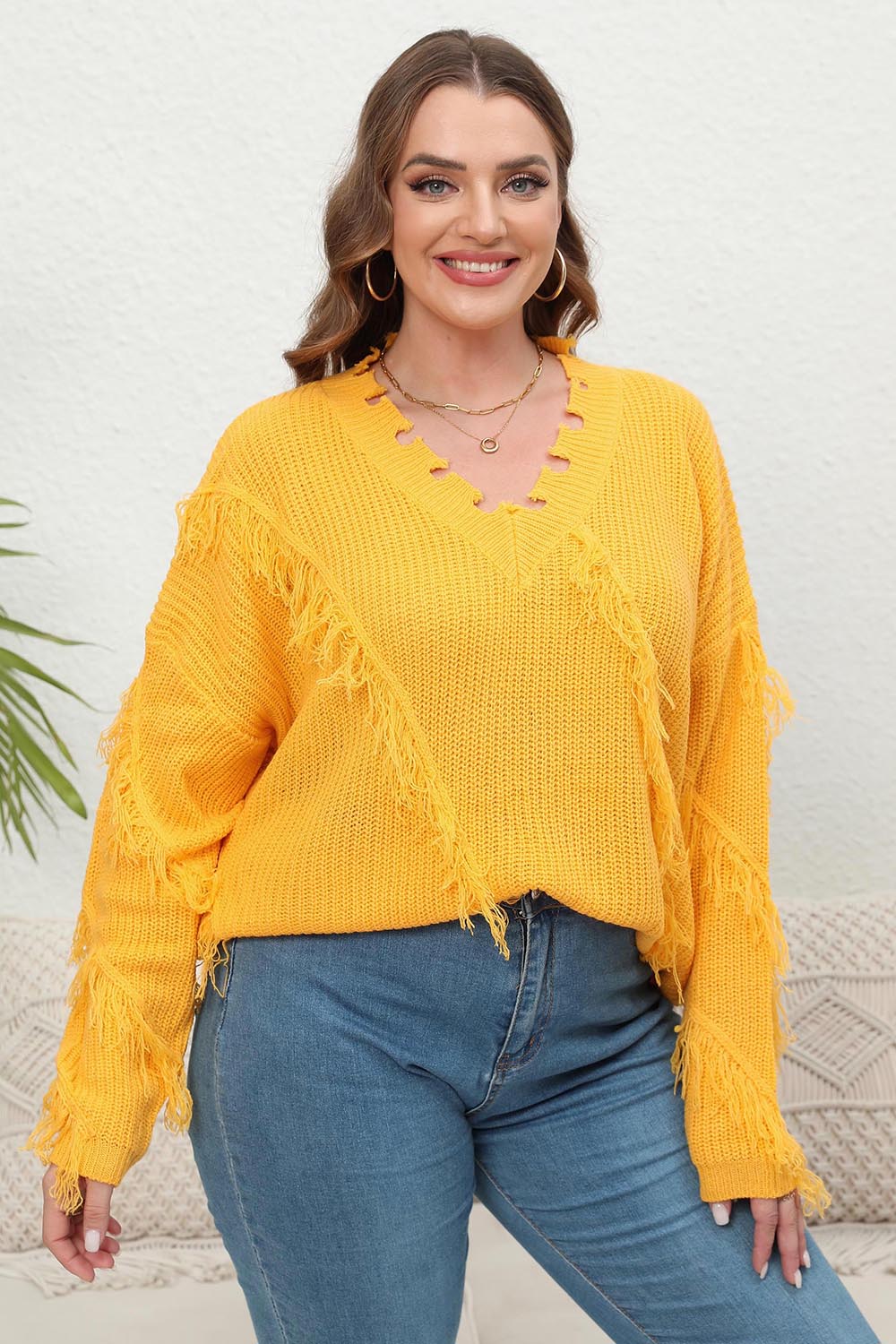 Plus Size Fringe V-Neck Long Sleeve Sweater 