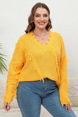 Plus Size Fringe V-Neck Long Sleeve Sweater 