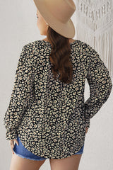 Plus Size Floral Flounce Sleeve Tie-Neck Blouse 