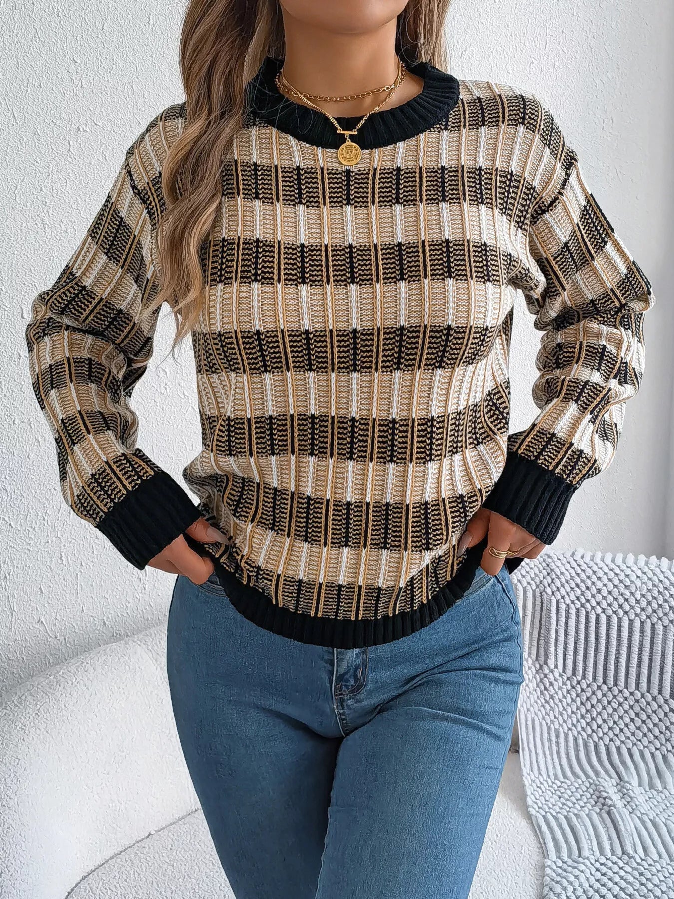 Striped Round Neck Long Sleeve Sweater 