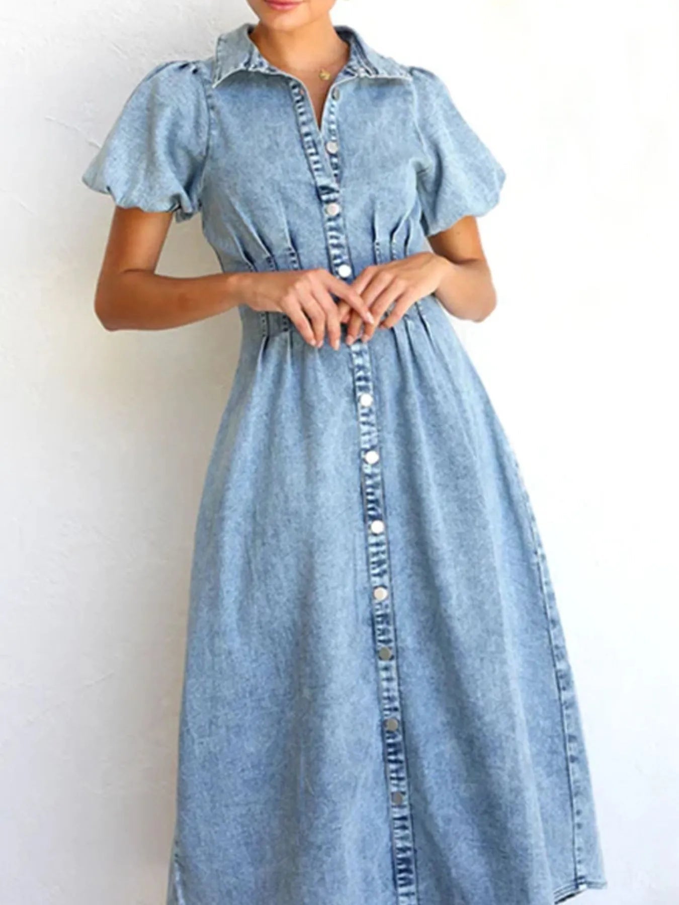 Puff Sleeve Button Front Denim Midi Dress 